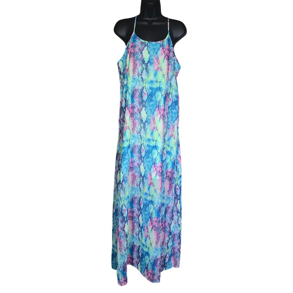 Peach Love California Snakeskin Print Maxi Dress Small Blue Pinkโ Neon Yellow